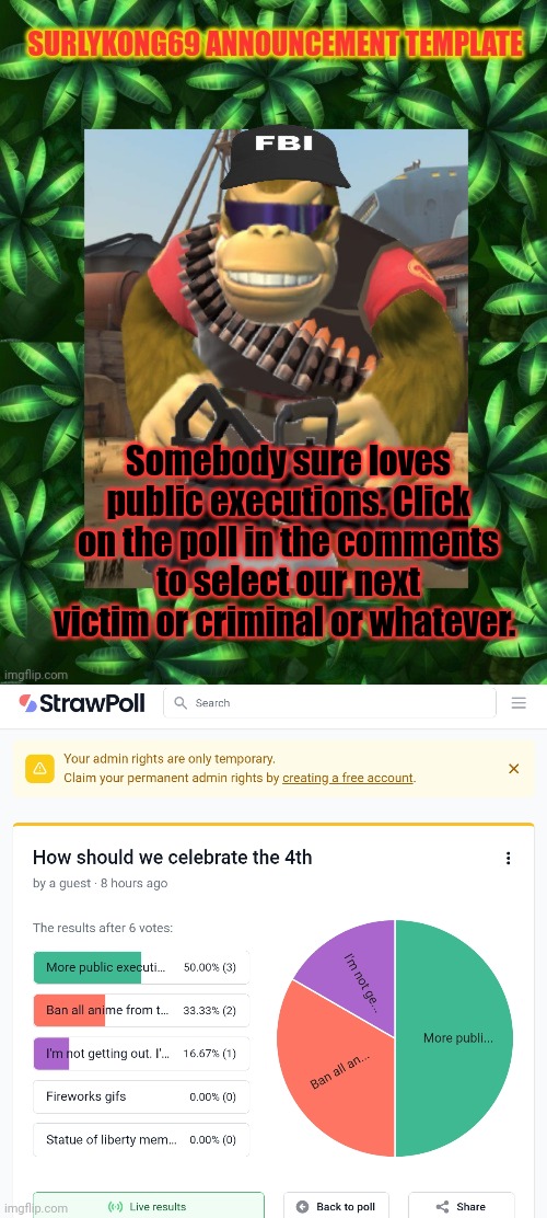 The people have spoken | Somebody sure loves public executions. Click on the poll in the comments to select our next victim or criminal or whatever. | image tagged in surlykong,public,execution | made w/ Imgflip meme maker