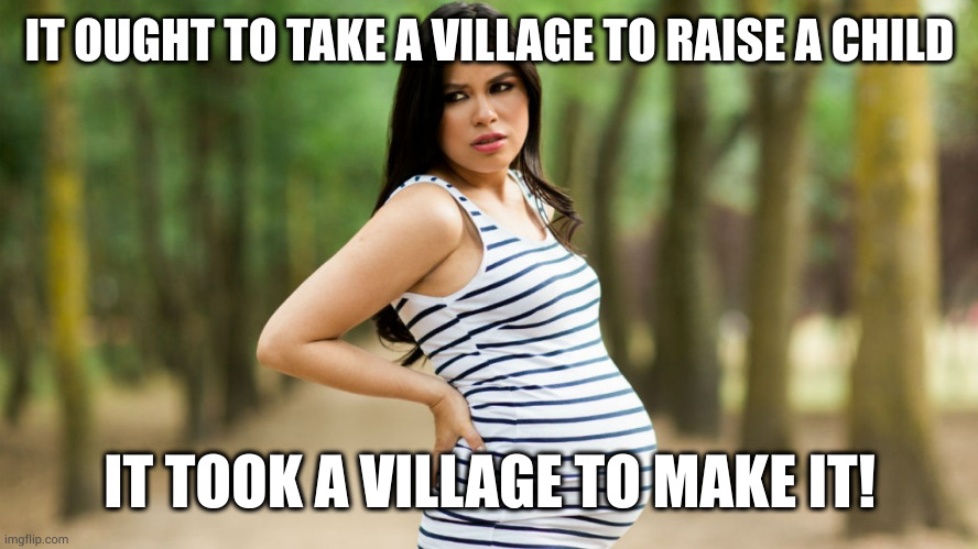 Who's your daddy? Uh...it would be faster to tell you who isn't | IT OUGHT TO TAKE A VILLAGE TO RAISE A CHILD; IT TOOK A VILLAGE TO MAKE IT! | image tagged in pregnant woman | made w/ Imgflip meme maker