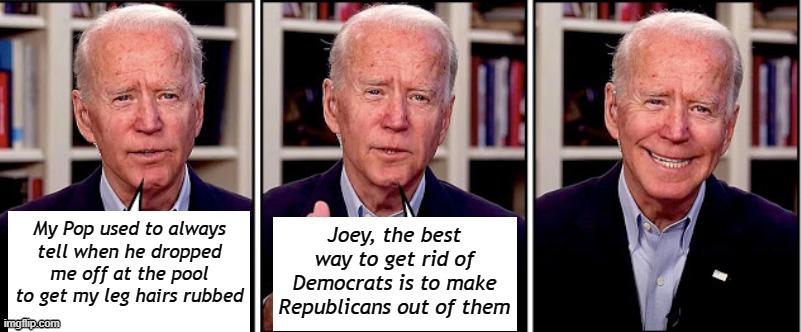 Just thinking about it makes my leg hairs stand up just like winter in Scranton . | My Pop used to always tell when he dropped me off at the pool to get my leg hairs rubbed; Joey, the best way to get rid of Democrats is to make Republicans out of them | image tagged in biden template | made w/ Imgflip meme maker