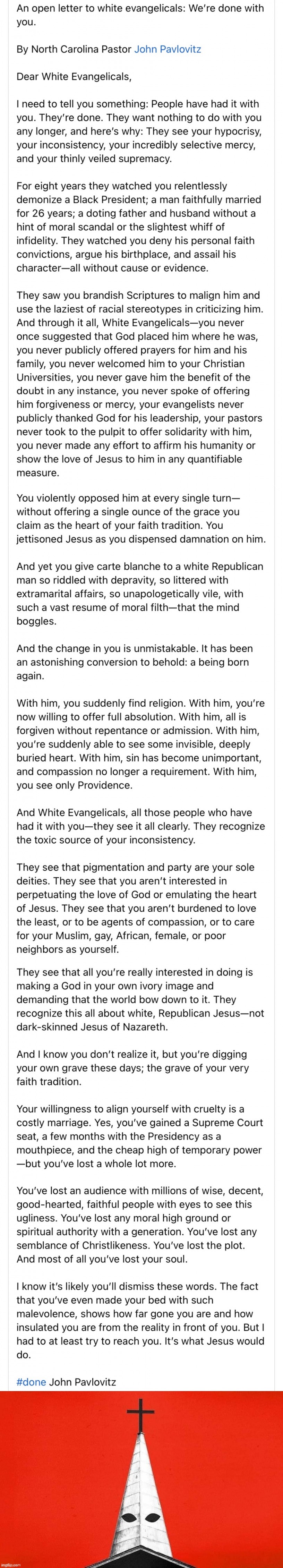 An open letter to white evangelicals | image tagged in an open letter to white evangelicals | made w/ Imgflip meme maker