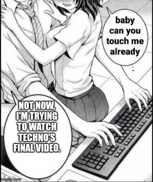 RIP Techno :( | NOT NOW, I'M TRYING TO WATCH TECHNO'S FINAL VIDEO. | image tagged in babe can you touch me already,technoblade | made w/ Imgflip meme maker