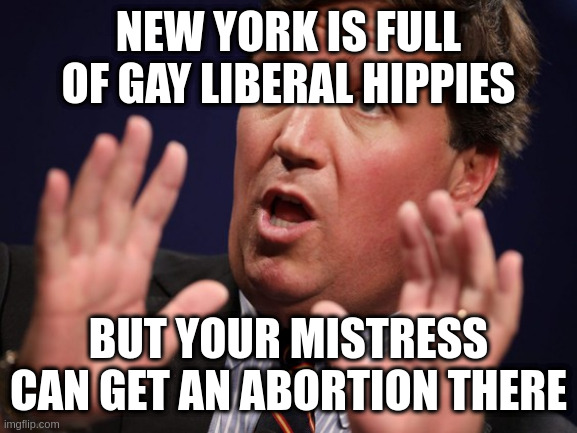 Freedom does apply to hypocrites but in other states they just suffer more, hey what now its still America, no? No | NEW YORK IS FULL OF GAY LIBERAL HIPPIES BUT YOUR MISTRESS CAN GET AN ABORTION THERE | image tagged in tucker fucker,contradiction,american,justice,freedumb | made w/ Imgflip meme maker