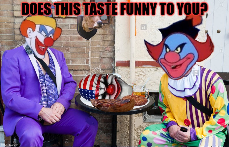 Clown problems | DOES THIS TASTE FUNNY TO YOU? | image tagged in scooby doo clown brunch,clown,problems,cannibalism | made w/ Imgflip meme maker