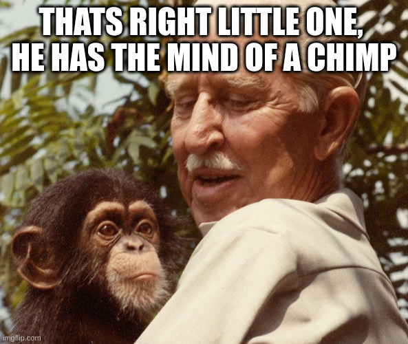 Cornelius | THATS RIGHT LITTLE ONE, 
HE HAS THE MIND OF A CHIMP | image tagged in cornelius | made w/ Imgflip meme maker