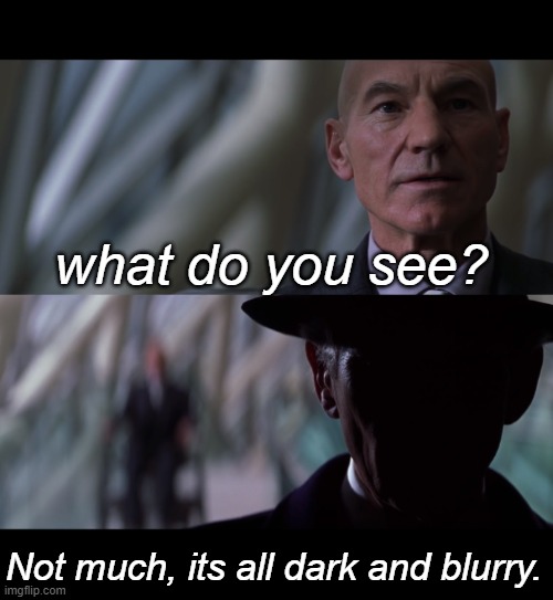 Why Ask Questions | what do you see? Not much, its all dark and blurry. | image tagged in why ask questions,magneto,professor x,xmen | made w/ Imgflip meme maker
