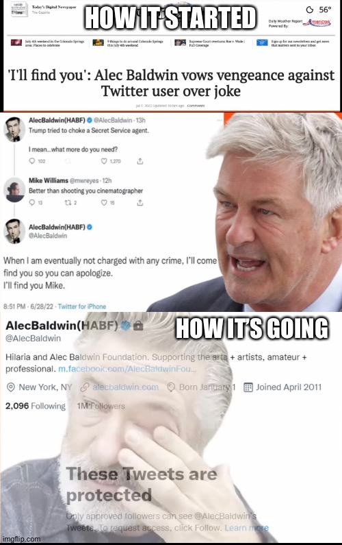 Anger Management Alec | HOW IT STARTED; HOW IT’S GOING | image tagged in alec baldwin,threats,hollywood liberals,pedophile | made w/ Imgflip meme maker