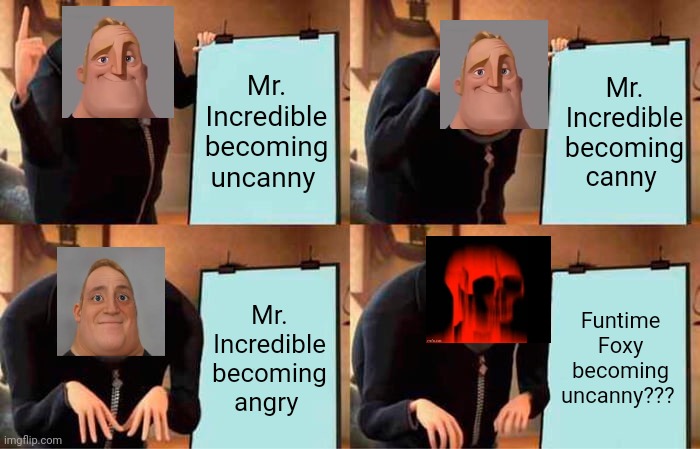 I'm blue da ba dee da ba die moment | Mr. Incredible becoming uncanny; Mr. Incredible becoming canny; Mr. Incredible becoming angry; Funtime Foxy becoming uncanny??? | image tagged in memes,gru's plan | made w/ Imgflip meme maker