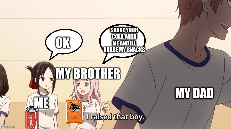 I raised that boy. | SHARE YOUR COLA WITH ME AND ILL SHARE MY SNACKS; OK; MY BROTHER; MY DAD; ME | image tagged in i raised that boy | made w/ Imgflip meme maker