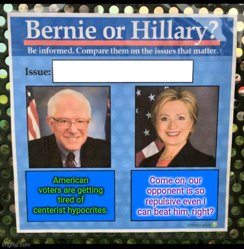 Bernie or Hillary? | American voters are getting tired of centerist hypocrites. Come on; our opponent is so repulsive even I can beat him, right? | image tagged in bernie or hillary | made w/ Imgflip meme maker