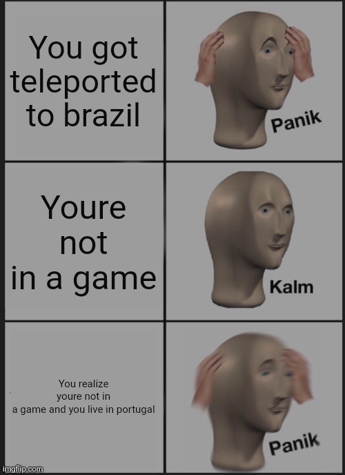 Panik Kalm Panik Meme | You got teleported to brazil; Youre not in a game; You realize youre not in a game and you live in portugal | image tagged in memes,panik kalm panik | made w/ Imgflip meme maker