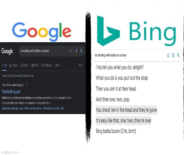 kinda low quality but you get the point | image tagged in google v bing | made w/ Imgflip meme maker