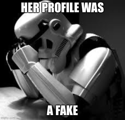 Fake profile | HER PROFILE WAS; A FAKE | image tagged in crying stormtrooper | made w/ Imgflip meme maker
