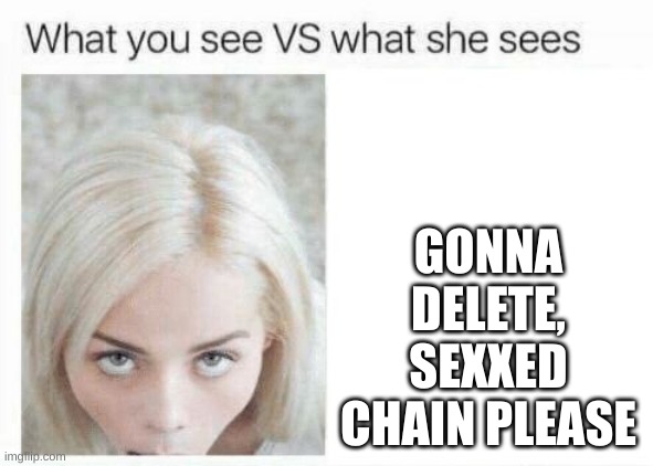 please | GONNA DELETE, SEXXED CHAIN PLEASE | image tagged in what you see vs what she sees | made w/ Imgflip meme maker