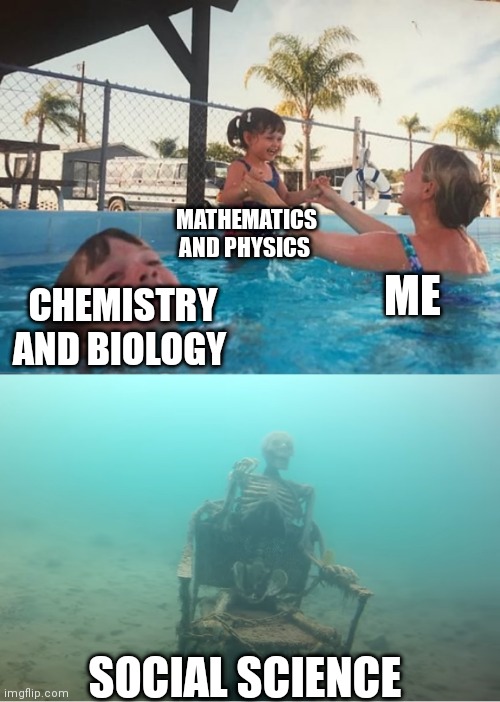 Swimming Pool Kids | MATHEMATICS AND PHYSICS; ME; CHEMISTRY AND BIOLOGY; SOCIAL SCIENCE | image tagged in swimming pool kids | made w/ Imgflip meme maker