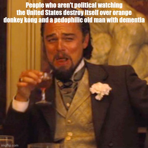 Laughing Leo Meme | People who aren't political watching the United States destroy itself over orange donkey kong and a pedophilic old man with dementia | image tagged in memes,laughing leo | made w/ Imgflip meme maker