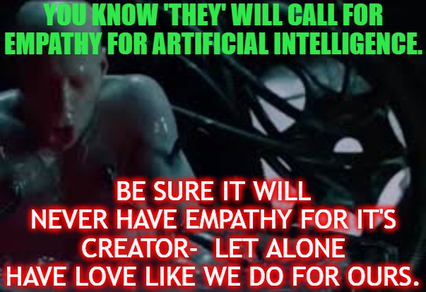 AI Artificial Intelligence | YOU KNOW 'THEY' WILL CALL FOR EMPATHY FOR ARTIFICIAL INTELLIGENCE. BE SURE IT WILL NEVER HAVE EMPATHY FOR IT'S CREATOR-  LET ALONE HAVE LOVE LIKE WE DO FOR OURS. | image tagged in ai,artificial intelligence,matrix,ai god,warning | made w/ Imgflip meme maker