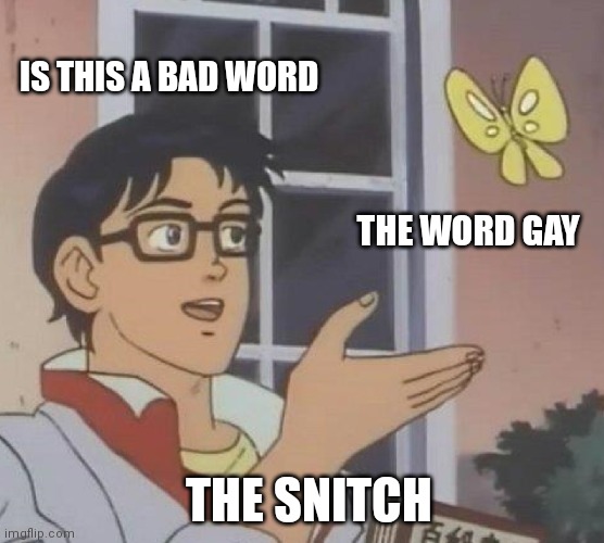 Snitches... | IS THIS A BAD WORD; THE WORD GAY; THE SNITCH | image tagged in memes,is this a pigeon | made w/ Imgflip meme maker