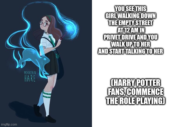this is made specifically for harry potter fans but anybody can do it | YOU SEE THIS GIRL WALKING DOWN THE EMPTY STREET  AT 12 AM IN PRIVET DRIVE AND YOU WALK UP TO HER AND START TALKING TO HER; (HARRY POTTER FANS, COMMENCE THE ROLE PLAYING) | image tagged in harry potter | made w/ Imgflip meme maker