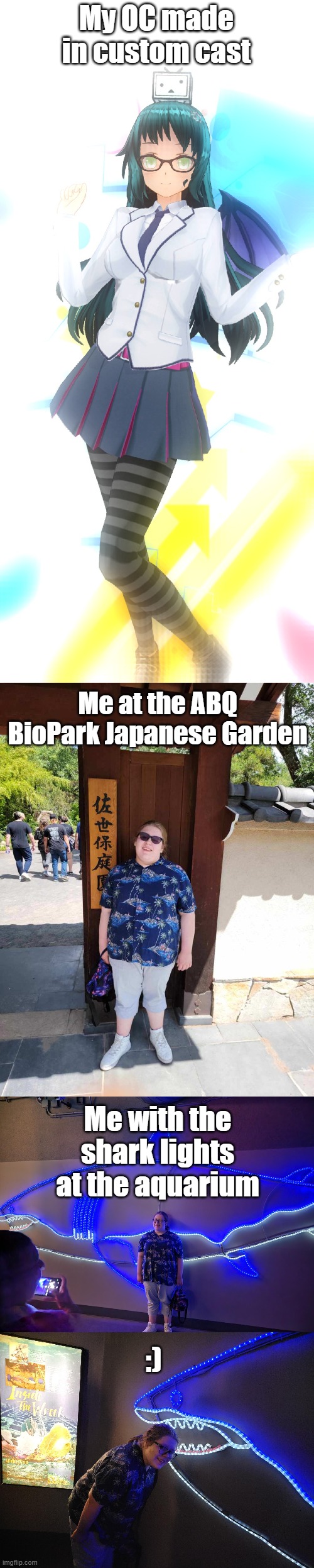 Just a small compilation of stuff for no apparent reason. | My OC made in custom cast; Me at the ABQ BioPark Japanese Garden; Me with the shark lights at the aquarium; :) | made w/ Imgflip meme maker