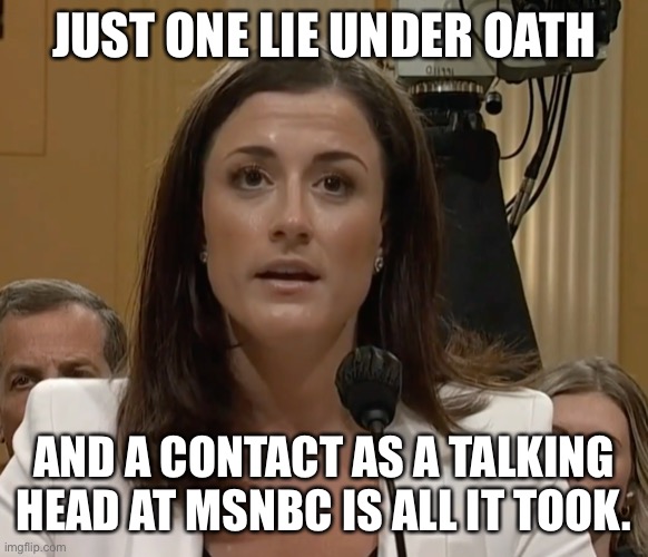 Cassidy Hutchinson | JUST ONE LIE UNDER OATH AND A CONTACT AS A TALKING HEAD AT MSNBC IS ALL IT TOOK. | image tagged in cassidy hutchinson | made w/ Imgflip meme maker