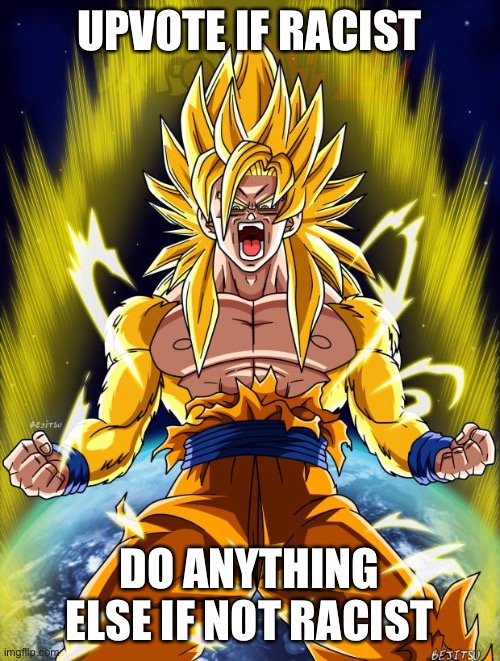 Goku | UPVOTE IF RACIST; DO ANYTHING ELSE IF NOT RACIST | image tagged in goku | made w/ Imgflip meme maker