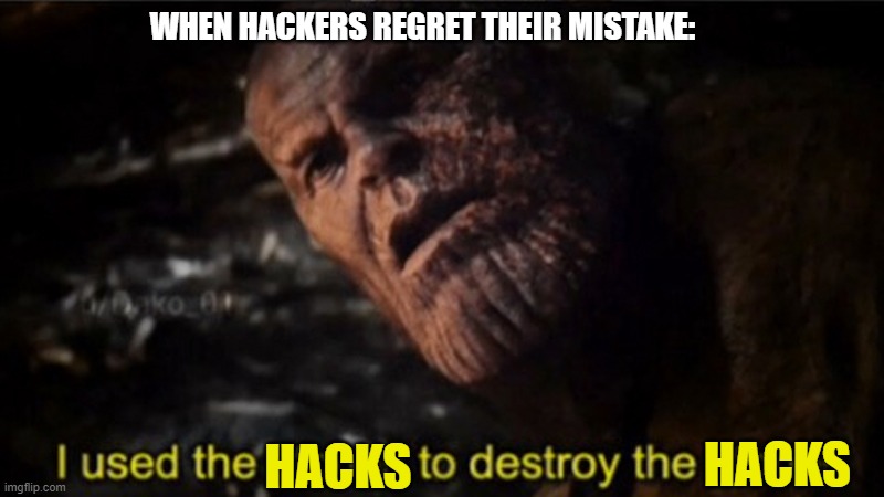 Thanos I used the stones to destroy the stones | WHEN HACKERS REGRET THEIR MISTAKE:; HACKS; HACKS | image tagged in thanos i used the stones to destroy the stones | made w/ Imgflip meme maker