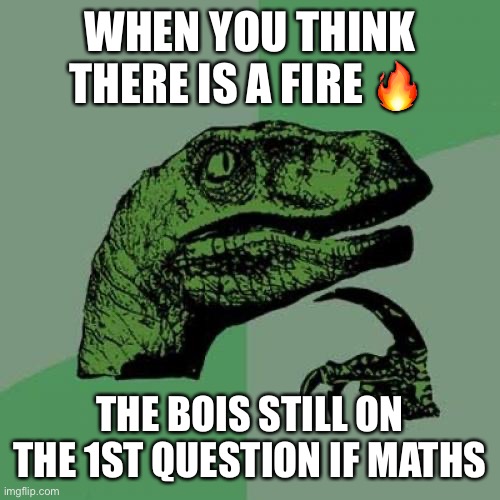 Philosoraptor | WHEN YOU THINK THERE IS A FIRE 🔥; THE BOIS STILL ON THE 1ST QUESTION IF MATHS | image tagged in memes,philosoraptor | made w/ Imgflip meme maker