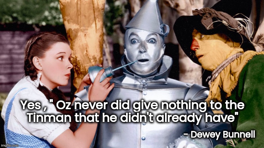 Yes , " Oz never did give nothing to the
 Tinman that he didn't already have" - Dewey Bunnell | made w/ Imgflip meme maker