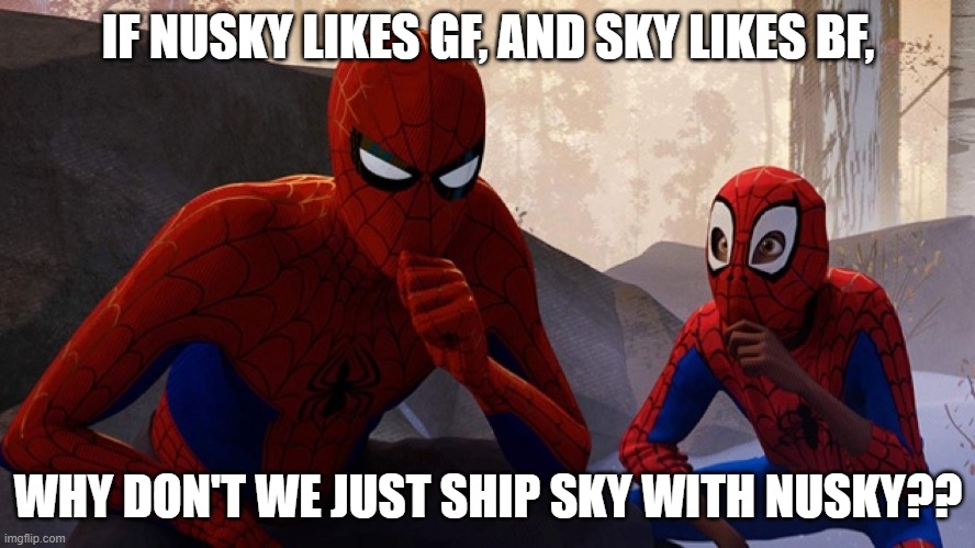 It's a good question that I wish to ask | IF NUSKY LIKES GF, AND SKY LIKES BF, WHY DON'T WE JUST SHIP SKY WITH NUSKY?? | image tagged in spider-verse meme | made w/ Imgflip meme maker