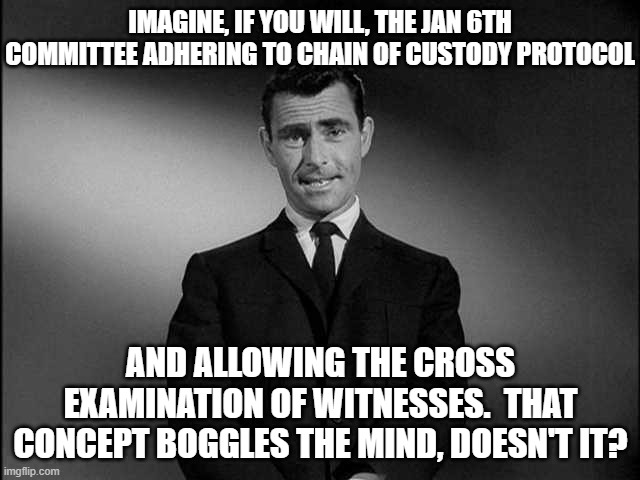 Leftists SAY democracy; but it really does not mean what they THINK . . . it . . . means. | IMAGINE, IF YOU WILL, THE JAN 6TH COMMITTEE ADHERING TO CHAIN OF CUSTODY PROTOCOL; AND ALLOWING THE CROSS EXAMINATION OF WITNESSES.  THAT CONCEPT BOGGLES THE MIND, DOESN'T IT? | image tagged in rod serling twilight zone | made w/ Imgflip meme maker
