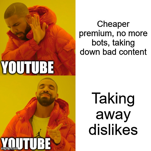 Drake Hotline Bling | Cheaper premium, no more bots, taking down bad content; YOUTUBE; Taking away dislikes; YOUTUBE | image tagged in memes,drake hotline bling | made w/ Imgflip meme maker