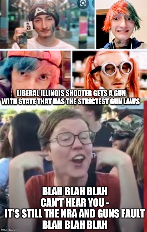 It's Mental Illness |  LIBERAL ILLINOIS SHOOTER GETS A GUN WITH STATE THAT HAS THE STRICTEST GUN LAWS; BLAH BLAH BLAH
CAN'T HEAR YOU -
IT'S STILL THE NRA AND GUNS FAULT
BLAH BLAH BLAH | image tagged in liberals,leftists,democrats,nra,chicago,mental illness | made w/ Imgflip meme maker