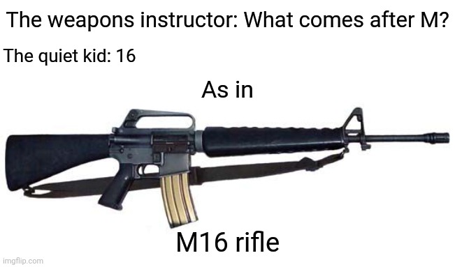 M16 rifle | The quiet kid: 16 M16 rifle The weapons instructor: What comes after M? As in | image tagged in memes,the quiet kid,blank white template,m16 rifle,weapons,weapon | made w/ Imgflip meme maker