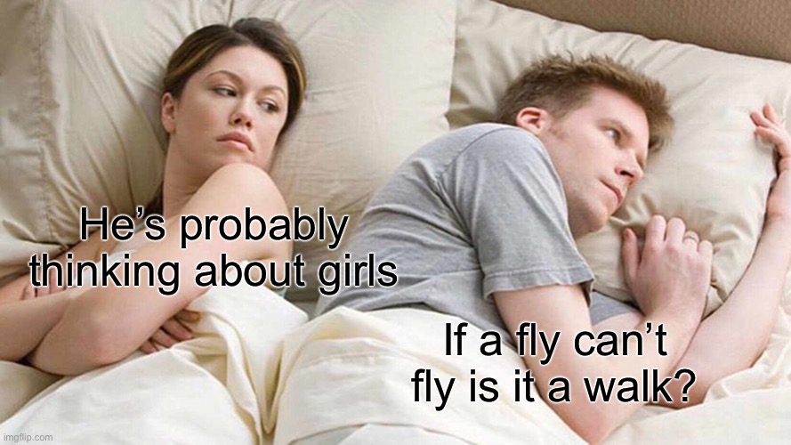 I Bet He's Thinking About Other Women Meme | He’s probably thinking about girls; If a fly can’t fly is it a walk? | image tagged in memes,i bet he's thinking about other women | made w/ Imgflip meme maker