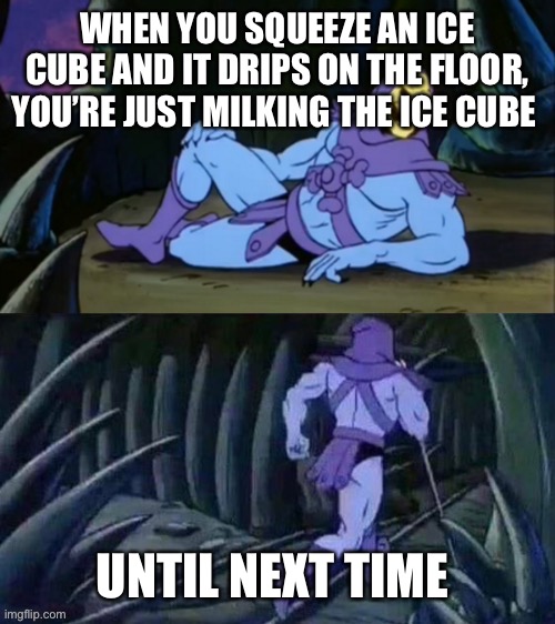 Why does this bother me | WHEN YOU SQUEEZE AN ICE CUBE AND IT DRIPS ON THE FLOOR, YOU’RE JUST MILKING THE ICE CUBE; UNTIL NEXT TIME | image tagged in skeletor disturbing facts | made w/ Imgflip meme maker