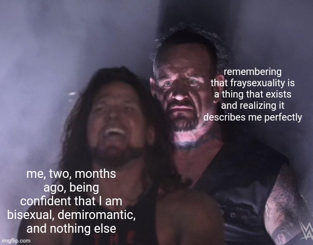 oh boy. | remembering that fraysexuality is a thing that exists and realizing it describes me perfectly; me, two, months ago, being confident that I am bisexual, demiromantic, and nothing else | image tagged in undertaker | made w/ Imgflip meme maker