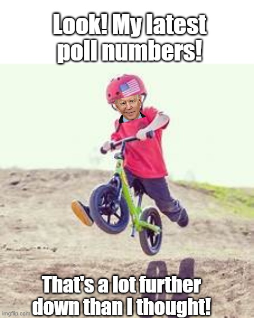 The Strider Bike President  attempts a world record jump... | Look! My latest poll numbers! That's a lot further down than I thought! | image tagged in strider bike | made w/ Imgflip meme maker