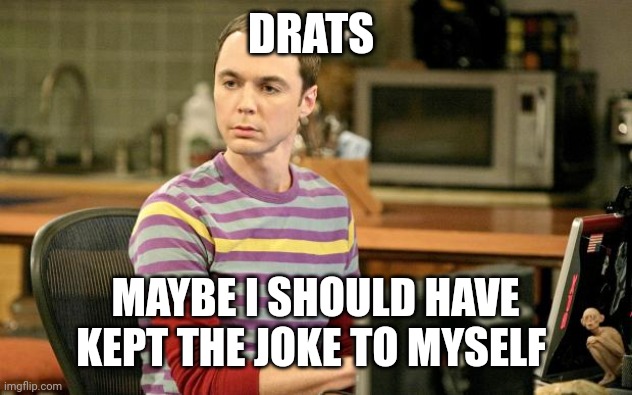 Sheldon Big Bang Theory  | DRATS MAYBE I SHOULD HAVE KEPT THE JOKE TO MYSELF | image tagged in sheldon big bang theory | made w/ Imgflip meme maker