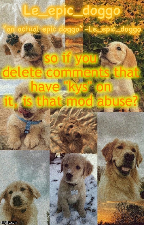 Doggo temp by doggo. Wait what that’s confusing | so if you delete comments that have "kys" on it, is that mod abuse? | image tagged in doggo temp by doggo wait what that s confusing | made w/ Imgflip meme maker