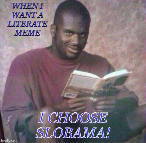 Shaq reading meme | WHEN I
WANT A
LITERATE
MEME I CHOOSE
SLOBAMA! | image tagged in shaq reading meme | made w/ Imgflip meme maker