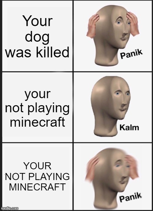 Panik Kalm Panik Meme | Your dog was killed; your not playing minecraft; YOUR NOT PLAYING MINECRAFT | image tagged in memes,panik kalm panik | made w/ Imgflip meme maker