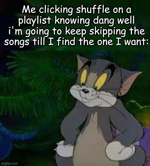 relatable? | Me clicking shuffle on a playlist knowing dang well i'm going to keep skipping the songs till I find the one I want: | image tagged in memes,tom shrug,happy tom | made w/ Imgflip meme maker