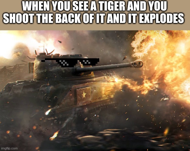 sherman | WHEN YOU SEE A TIGER AND YOU SHOOT THE BACK OF IT AND IT EXPLODES | image tagged in sherman,world of tanks,world of tanks blitz | made w/ Imgflip meme maker