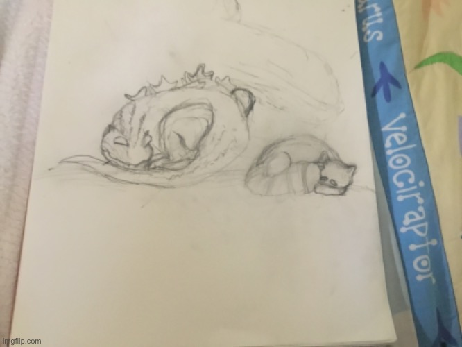 BabyGodzilla and Mei sleeping together. Cute, right? I thought so. | image tagged in turning red,godzilla,drawing | made w/ Imgflip meme maker