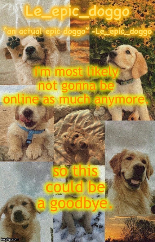 watch the other half be people meming my "leaving" and the other half yelling at them | i'm most likely not gonna be online as much anymore. so this could be a goodbye. | image tagged in doggo temp by doggo wait what that s confusing | made w/ Imgflip meme maker