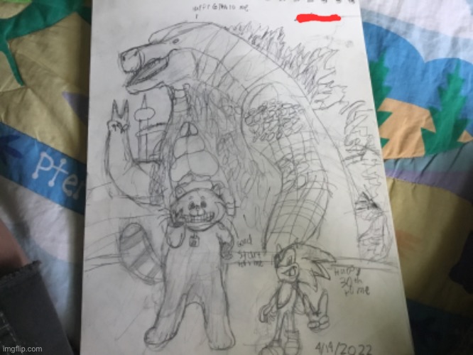 Drew this April this year, right after I started posting on Imgflip. Ah, memories. | image tagged in turning red,godzilla,sonic the hedgehog,drawing | made w/ Imgflip meme maker