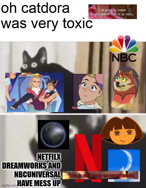 catdora very toxic | oh catdora was very toxic; NETFILX DREAMWORKS AND NBCUNIVERSAL HAVE MESS UP | image tagged in oh no black cat | made w/ Imgflip meme maker