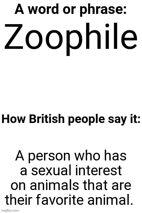 How British People Say It | Zoophile; A person who has a sexual interest on animals that are their favorite animal. | made w/ Imgflip meme maker