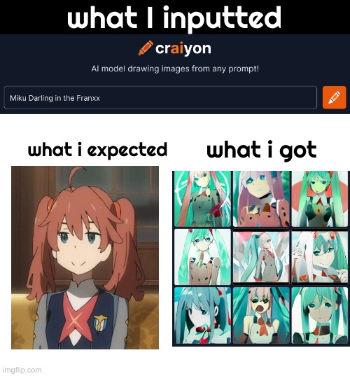 Miku Two?? NAHH | what I inputted; what i got; what i expected | image tagged in blank white template,darling in the franxx | made w/ Imgflip meme maker