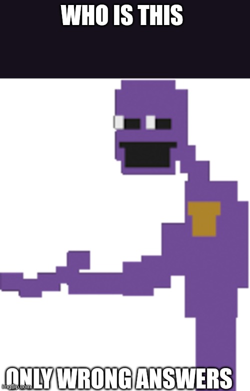 Purple guy | WHO IS THIS; ONLY WRONG ANSWERS | image tagged in purple guy | made w/ Imgflip meme maker